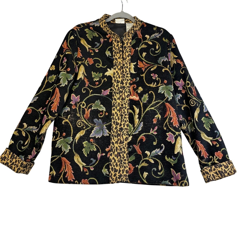 Vintage White Stag Tapestry Jacket Medium Floral Baroque‎ Leopard Trim Statement